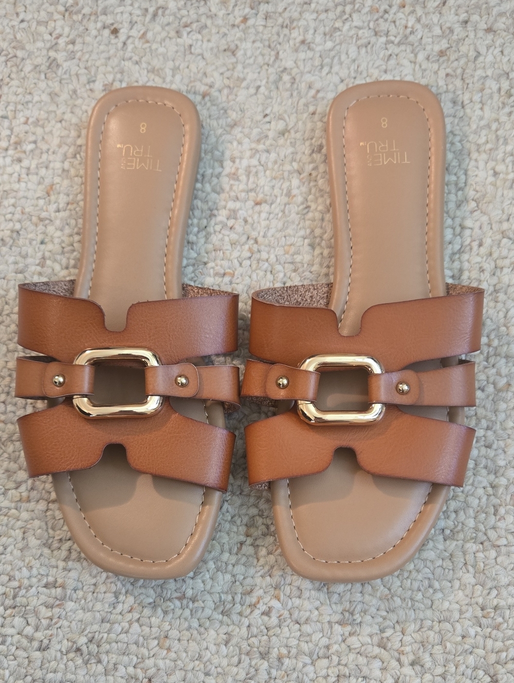 Time and Tru Tan Slide Sandals with Gold Buckle
